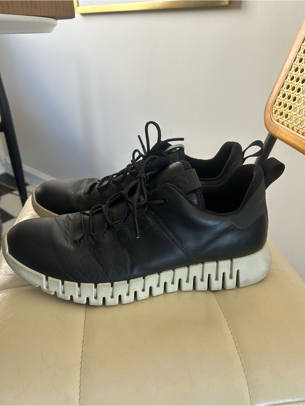 Ecco Men's Black Leather Sneakers with White Grooved Sole